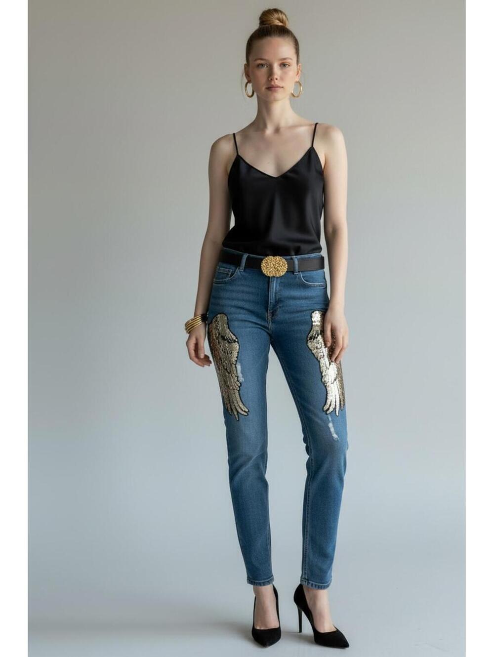 Y2K Eighty Eight Perfect Jeans Blue Skinny Sequined Angel Wing Distressed, Sz 11